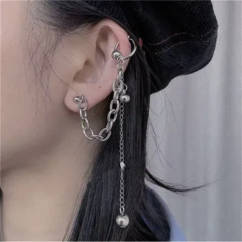 

Punk Rock Silver Color Unisex Bead Chain Integrated Long Pendant Ear Bone Clip Earrings Cool Egirl Woman's Men Party Jewelry