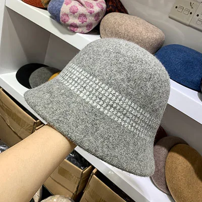 Autumn Winter Women Wool Blend Bucket Hat Solid Dome Warm Fishing Hats Elegant Lady All Macth Harajuku Caps Casual Fashion - Цвет: Light Grey