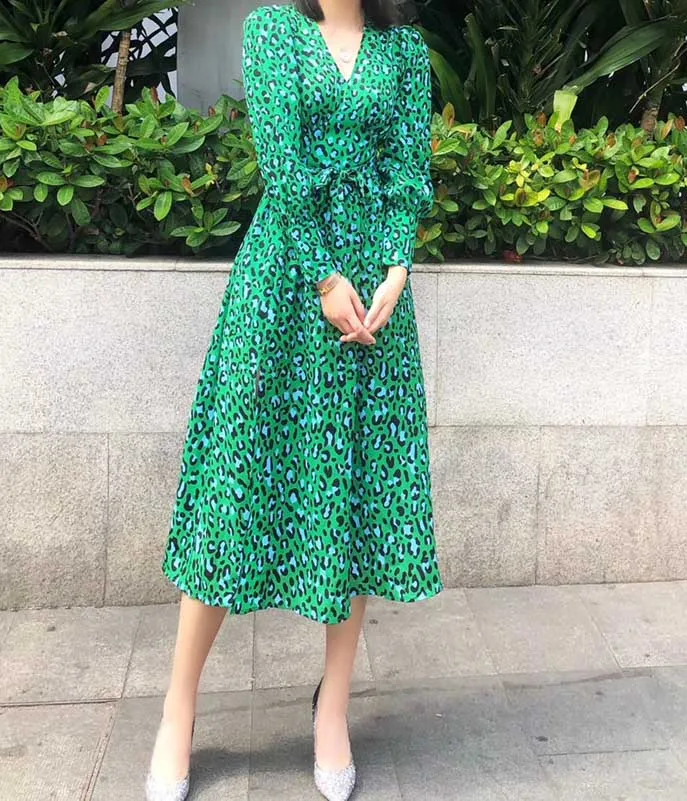 Qian Han Zi дизайнерское подиумное Платье женское с длинными рукавами и v-образным вырезом на поясе повседневное леопардовое винтажное сексуальное платье миди - Цвет: Зеленый