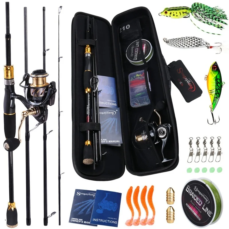 Sougayilang 1.8-2.1m Spinning Fishing Combo 4 Section Carbon Fishing Rod with 13 1BB Fishing Reel and Line Lure Bag Full Set Fishing Outdoor and Sports Rod Combo