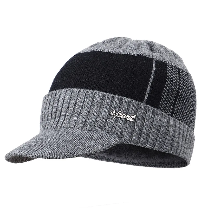 Grey hat Мужская зимняя теплая шапка высокого качества из хлопка с добавлением меха, зимние шапки бини для мужчин и женщин, шерстяной шарф, шапки, шапка-маска, вязаная шапка - Цвет: Grey hat