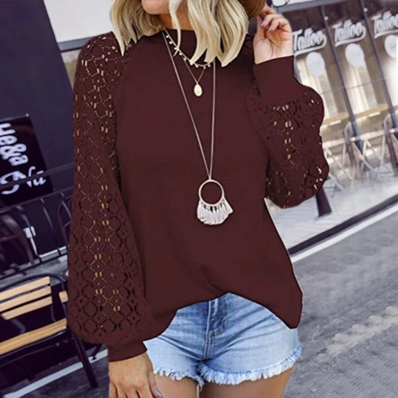 Women'S Hot Style Round Neck Long Sleeve Lace Stitching Loose Top