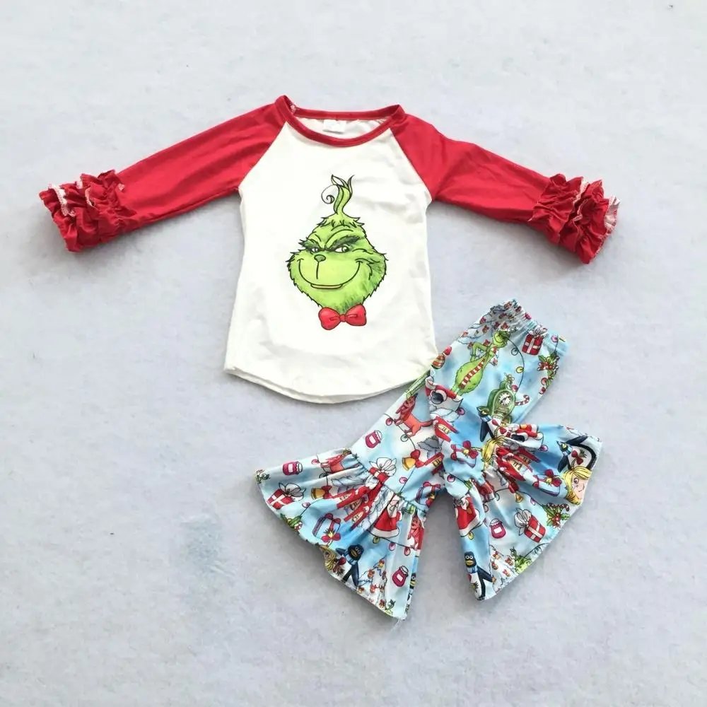 

Merry Christmas Little Girl Raglan Match Bells Pants Outfit Adorable Kids Clothing Sets