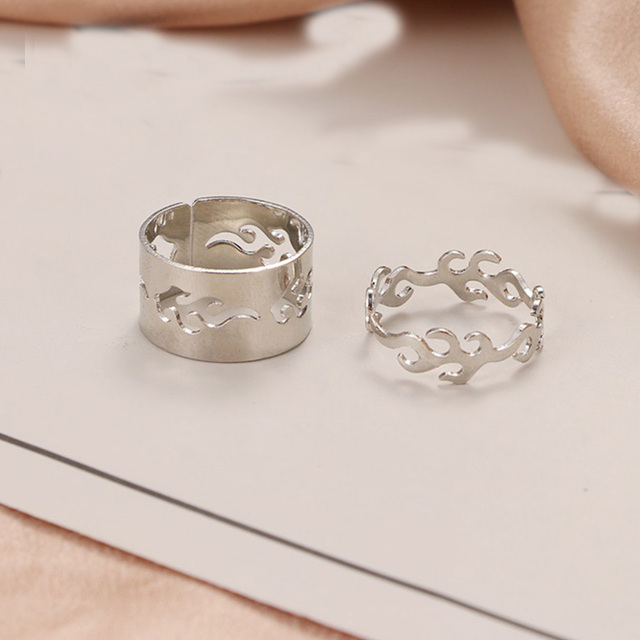 Gold Silver Color Flame Open Rings For Women Metal Adjustable Couple Ring Set Black Finger Jewelry Party Gift