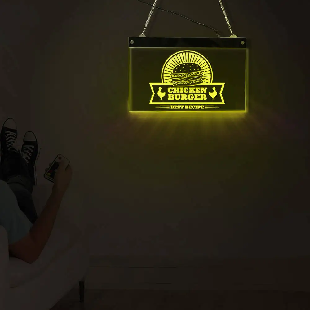 Лучший рецепт Куриный Бургер бизнес, логотип светодиодный светящийся неоновый знак фаст-фуд Ресторан Гамбургер акриловая настенная подвесная световая доска