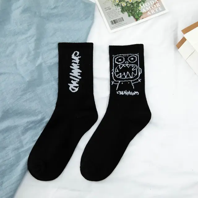 Cotton Cartoon Pattern Hip Hop Style Breathable Mid Tube Socks Women Skateboard Socks 1Pair Soft Long Sock for Men Japanese 1