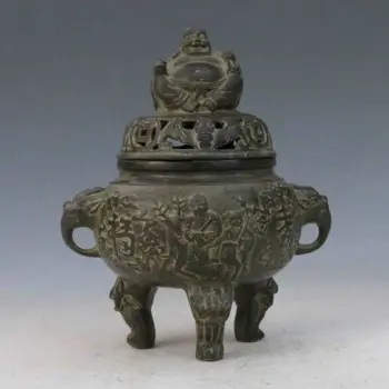 

Bronze Handwork Chinese Carved Three Foot Tripod Incense Burner&Buddha Lid
