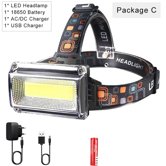 Most Powerfu Headlight Powerful COB LED Headamp Rechargeable Flashlight 18650 Battery Waterproof Hunting Fishing Light Outdoor - Emitting Color: Package   C