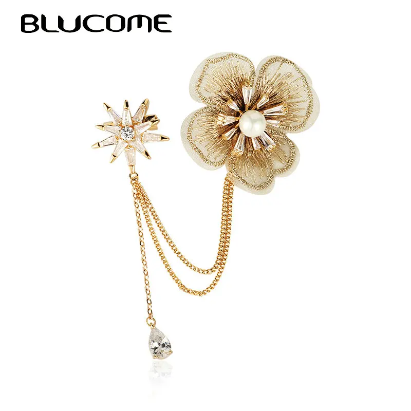 Женская брошь в форме цветка Blucome Медная ручной работы с кисточкой из циркона
