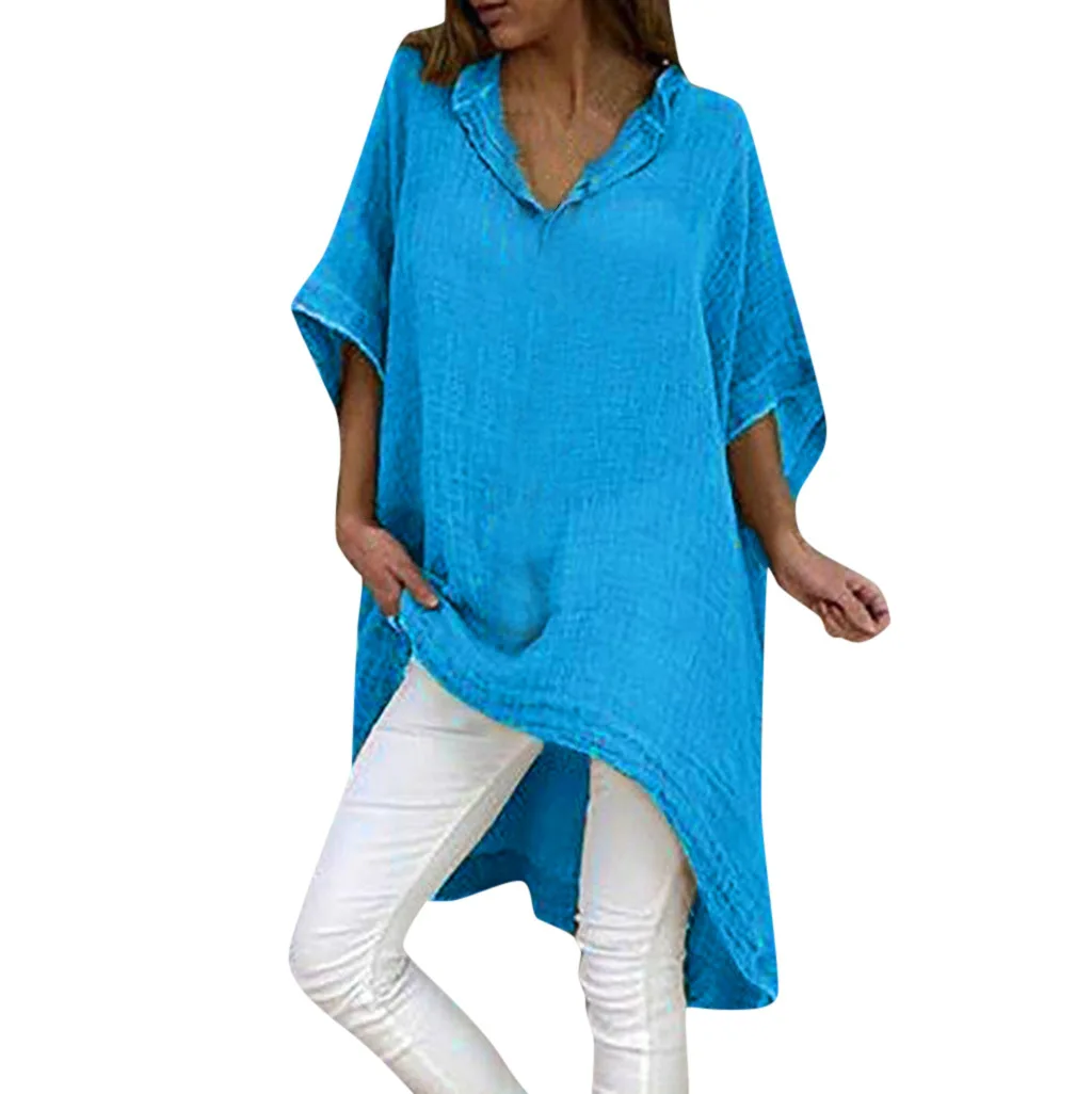 

2020 Vintage Irregular Office Lady Linen Women Shirts Fashion Solid Batwing Short Sleeve V-Neck Womens Tops and Blouse Plus Size