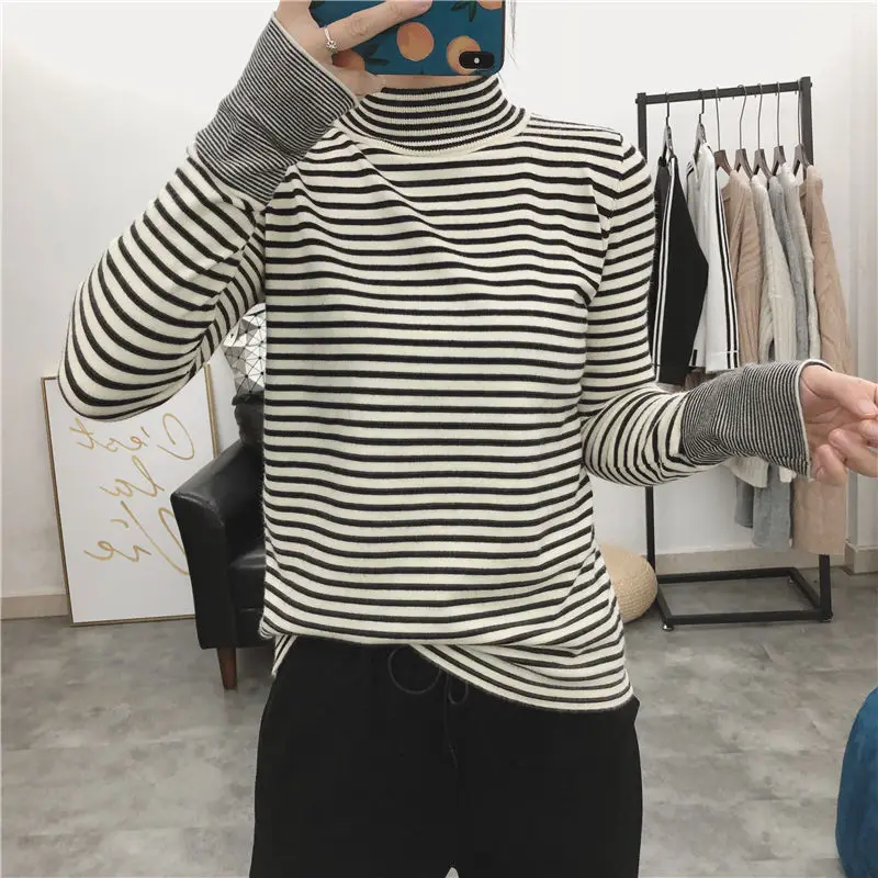 

High collar striped sweater female 2020 Spring and Autumn New loose long sleeve base sweater all-match ladies slim top