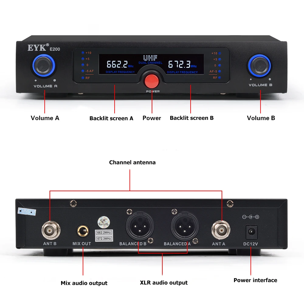 EYK E200 длинный диапазон UHF двухканальный Беспроводной микрофон Системы цельного металла ручной микрофон с новыми светильник дизайн для караоке