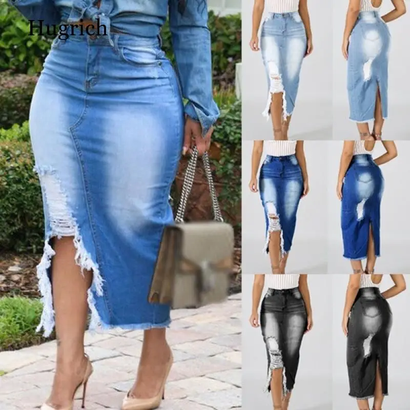 

Spring Summer Women's Denim Skirts Street Fashion Casual Hole Hollow Out High Waist Tight Large Size Elegant Bust Skirts