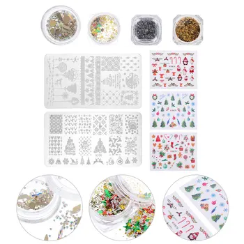

9pcs Nair Art Kit Shiny Christmas Nail Stamping Plates Nail Templates Nail Glitters Nail Paillette Nail Stencils Nail Stickers N