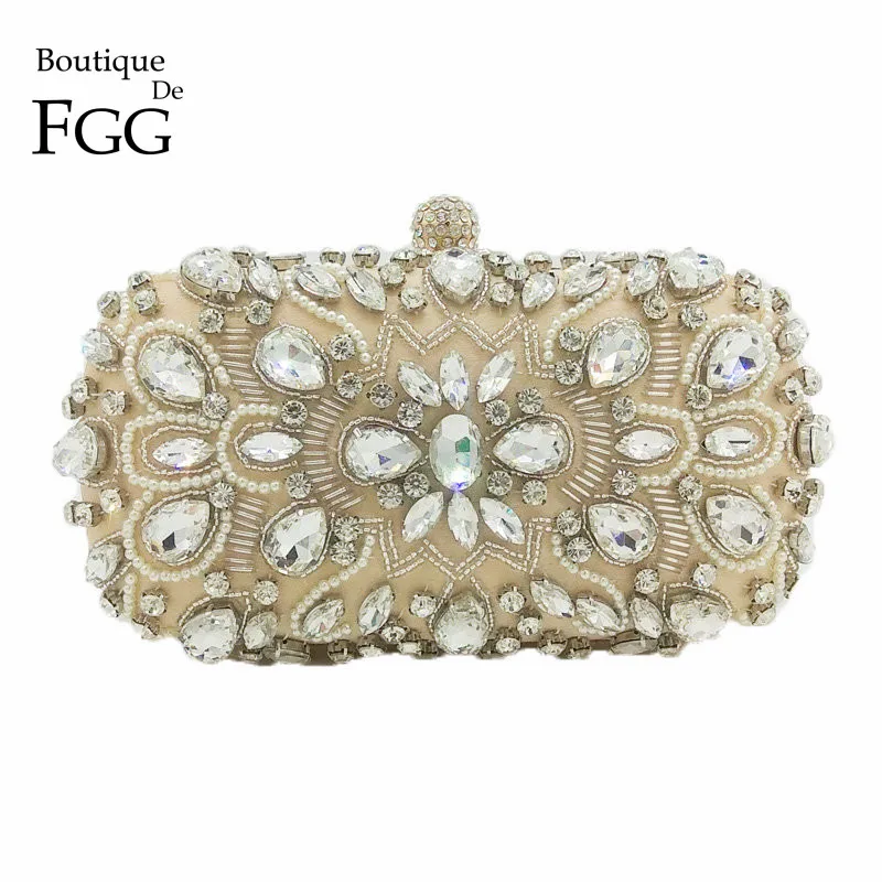 

Boutique De FGG Women Beige Evening Bags and Clutches Wedding Party Rhinestone Handbags Bridal Dinner Beaded Purse
