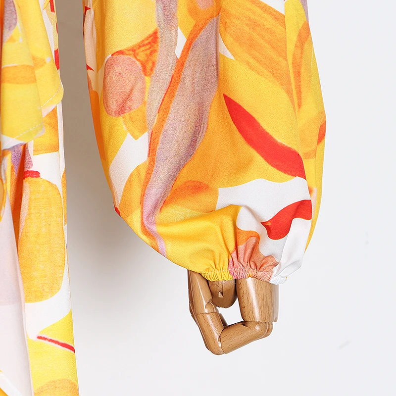 TWOTWINSTYLE Casual Print Dress Women V Neck Lantern Long Sleeve High Waist Ruffles Asymmetrical Dresse For Female Fashion Tide