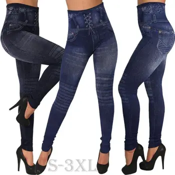 

Women Slim Leggings Striped Print Imitation Jeans Slim Seamless Elastic Fitness