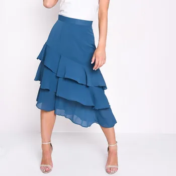 

Asymmetrical Hemline Skirts Blue Tiered Ruffled High Waist Formal Occasion Tea Length Evening Skirts