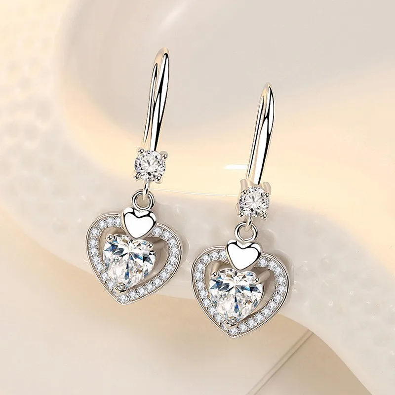 

Elegant White Heart Love Shaped Crystal Dangle Earrings Inlaid Cubic Zircon Rhinestone for Women Female Party Jewelry