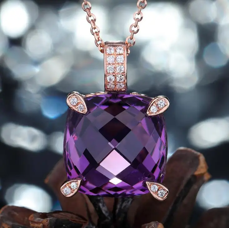 Роскошное винтажное розовое золотое ожерелье с подвеской для женщин, высокое качество, фиолетовый циркон, кристалл, элегантное свадебное Очаровательное ожерелье