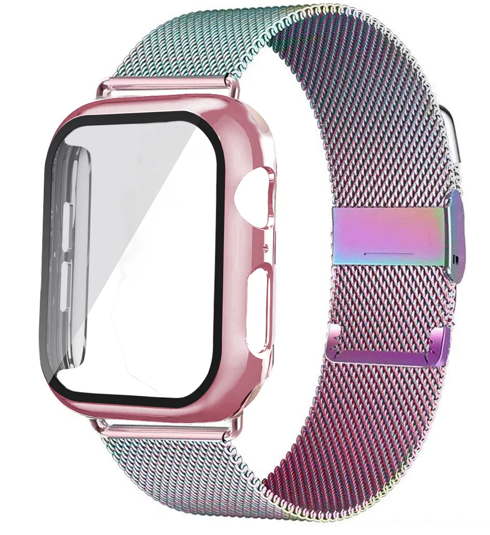 

Glass+Case+strap for Apple watch 6 5 band 44mm 40mm iwatch series 4 3 2 1Metal bracelet Milanese loop Apple Watch Band 38mm 42mm