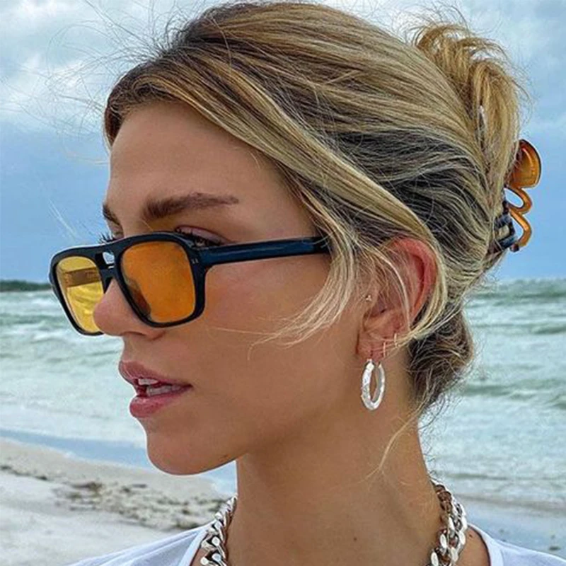 Gafas de sol cuadradas con montura grande para hombre y mujer, lentes de sol cuadradas amarillas, Estilo Vintage, de doble haz, de marca, de diseñador, para viajes|Gafas de sol mujer| -