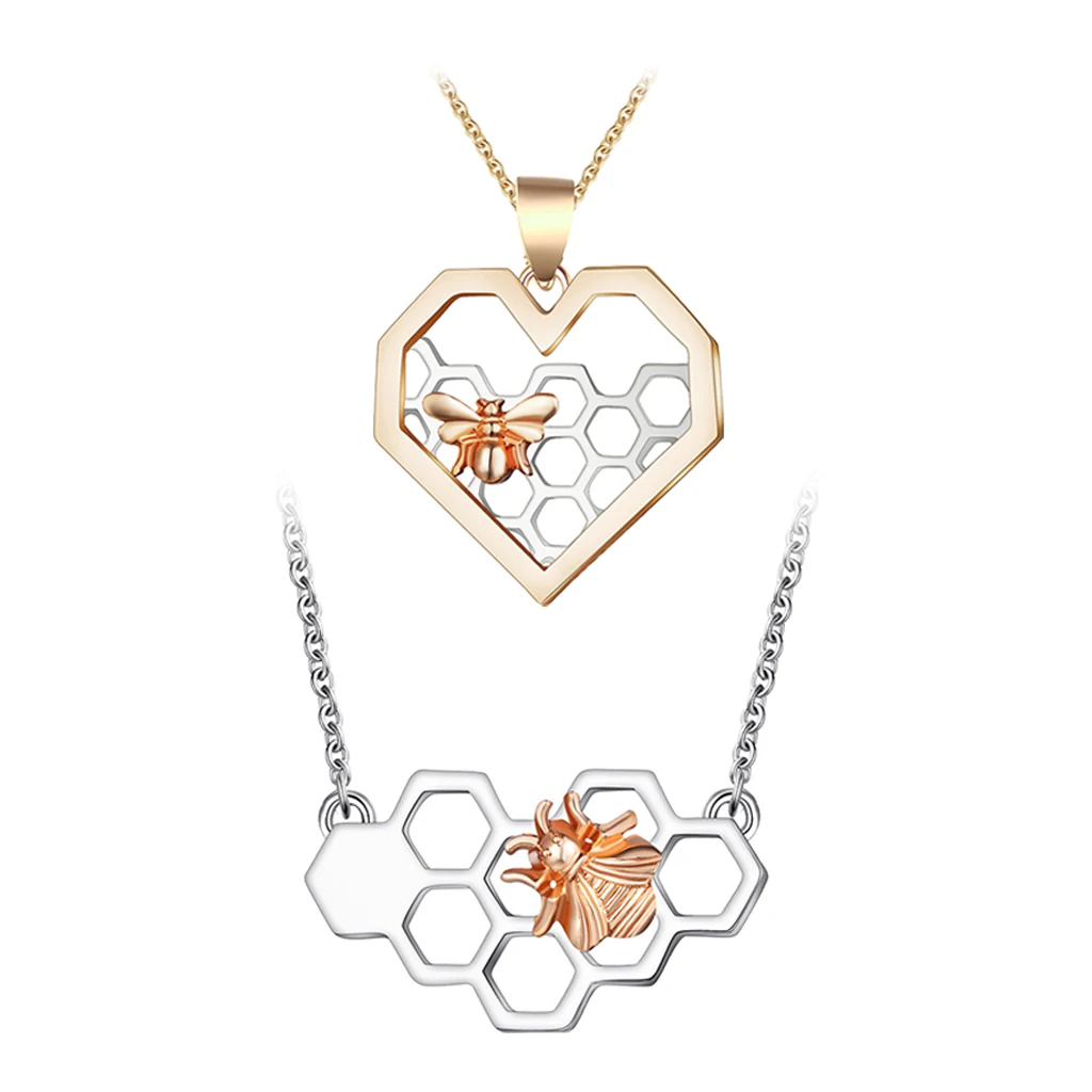 Women Cute Simple Love Heart Honeycomb Beehive Bee Honeybee Necklace Pendant