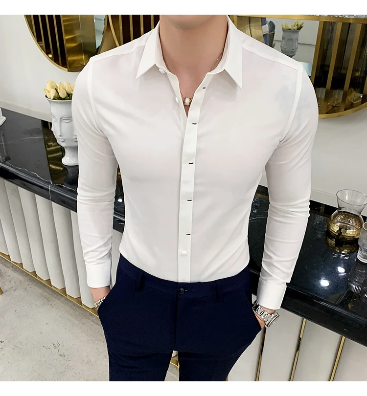 Мода Camisa Masculina Осенние новые мужские рубашки с длинными рукавами Высококачественная Однотонная рубашка-смокинг мужская рубашка в полоску 4XL