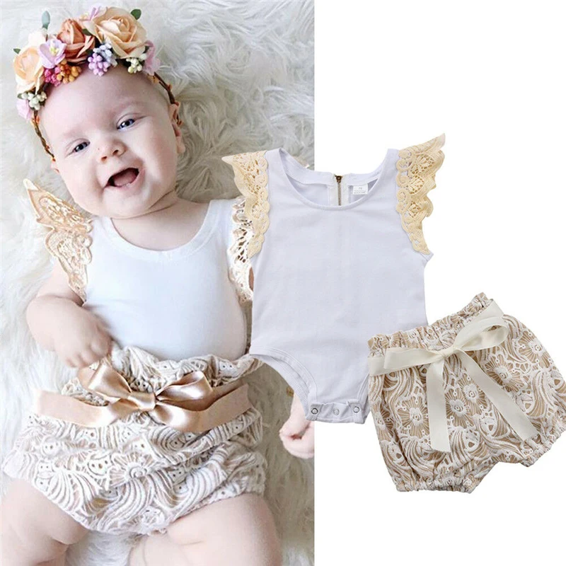 Комплект одежды для новорожденных девочек от 0 до 18 месяцев, комбинезон с летящими рукавами+ шорты Летняя одежда для маленьких девочек, 2 предмета