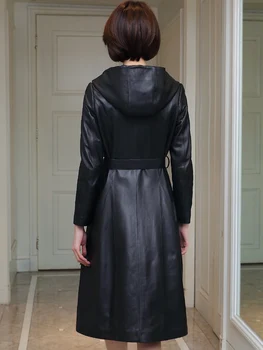 

300% Real Sheepskin Coat Female Genuine Leather Jacket Long Trench Coats and Jackets Women Hooded Korean Outwear MY3709