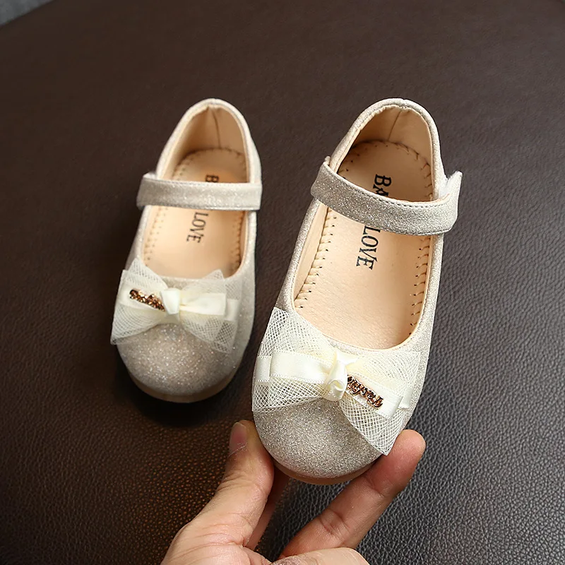 Kids Flats For Girls Shoes Toddlers Little Girl Children Dress Shoes Glitter Leather With Lace Bow-knot Princess Wedding Shoes - 4