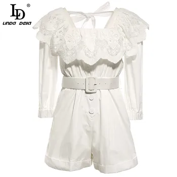 

LD LINDA DELLA Designer Women Career Office Autumn Short Jumpsuit Solid Elegant Lace Belt Hollow Out Ladies Slim Office Wear