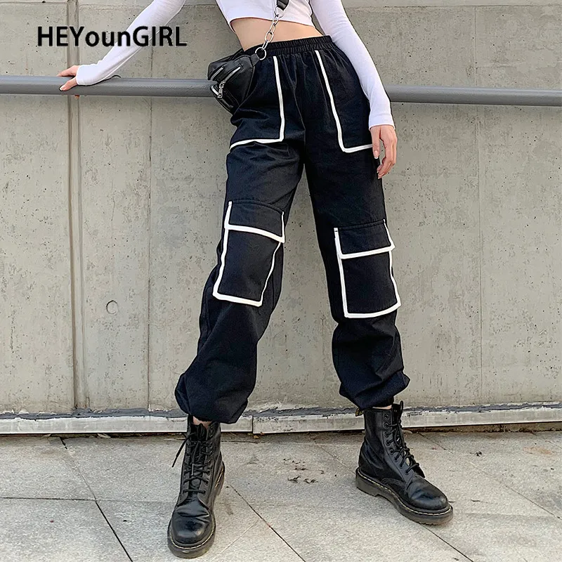 HEYounGIRL Лоскутные Спортивные штаны с карманами в стиле хип-хоп, женские черные повседневные свободные штаны, Капри, уличная одежда, брюки с высокой талией, женские