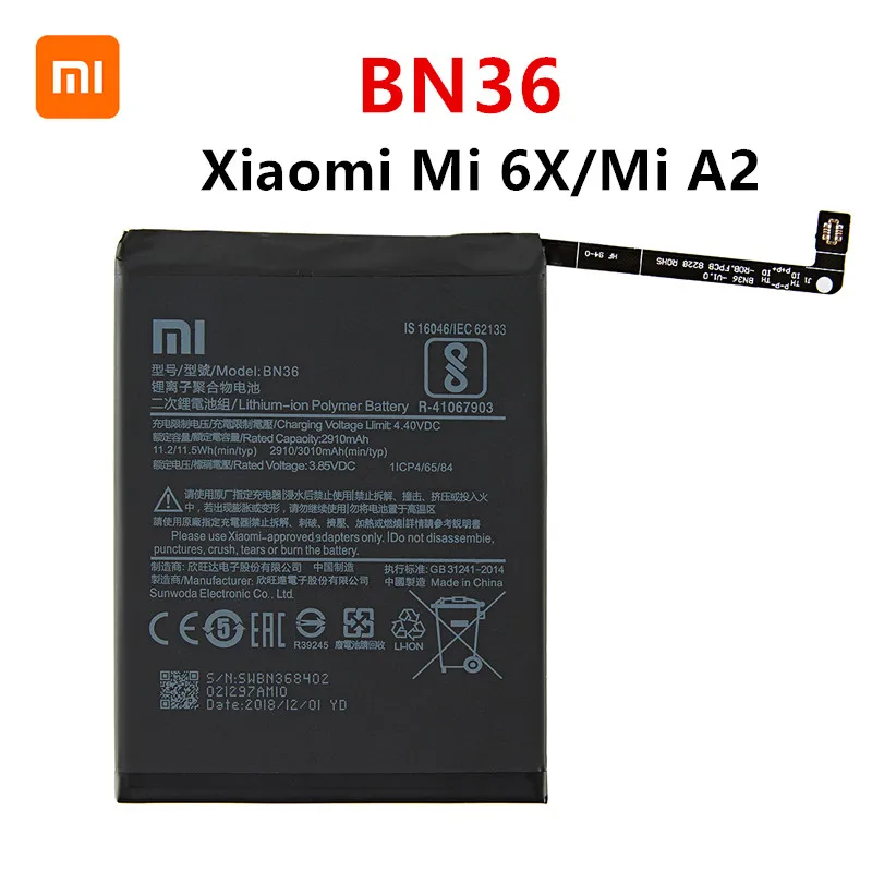 cell phone batteries Xiao mi 100% Orginal BN36 3010mAh Battery For Xiaomi Mi 6X Mi6X Mi A2 MiA2 BN36 High Quality Phone Replacement Batteries +Tools cell phone battery charger