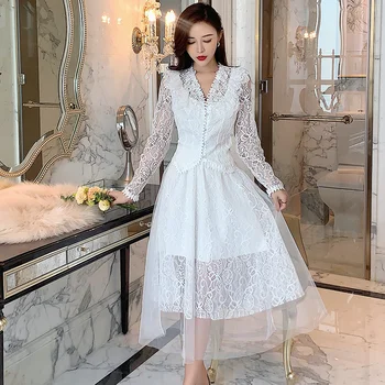

Runway Spring Women Lace Two Piece Set 2020 New White Hollow Out Diamonds Button Tops + High Waist Mesh Patchwork Long Skirt Set