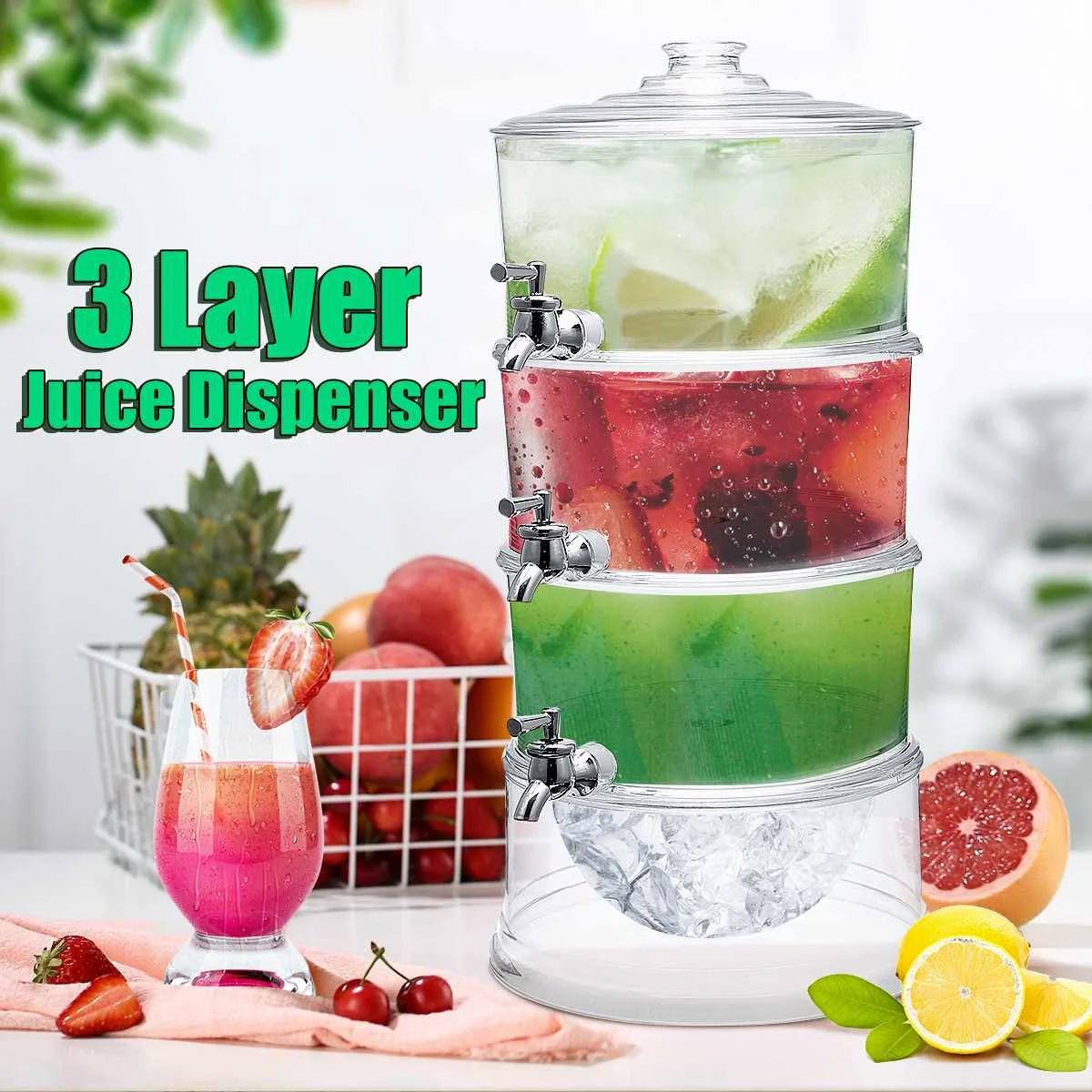 

3 Layers Cold Drink Juice Dispenser Lemonade Beverage Cooler Holder With Taps 3.5L Large Capacity Container Bar Tools Barware