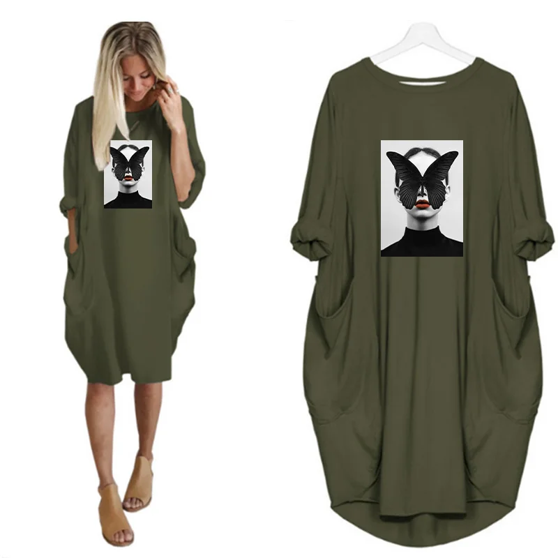 Plus Size Nordic Art Dress Butterfly Girl Cool Women Midi Dresses O-Neck Autumn Thin Long Sleeve Pockets Loose Party Vestidos