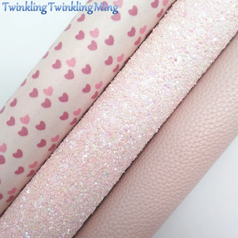

PINK Glitter Fabirc, Faux Leather Fabric, Hearts Litchi Synthetic Leather Fabric Sheets For Bow A4 8"x11"Twinkling Ming XM520