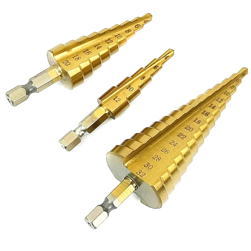

3Pc Hss Step Drill Set Cone Hole Milling Cutter, Taper Metric 4-12 / 20 / 32mm 1/4 Inch Titanium Coated Metal Hex Core Drill