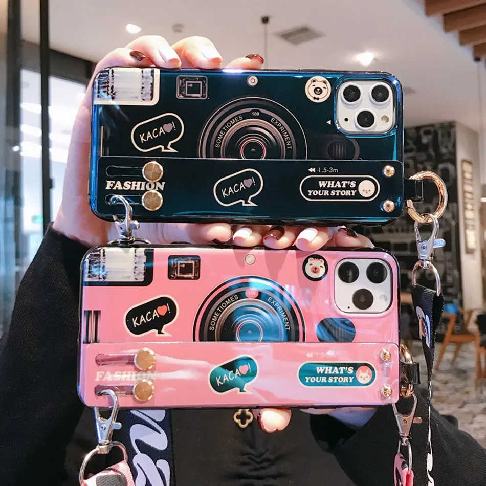 Blu-ray Camera Wristband Phone Case For iPhone 11 pro XR XS X Case Silicone Cover For iPhone 11 Pro Max 7 8 6s Plus Holder Cases (2)