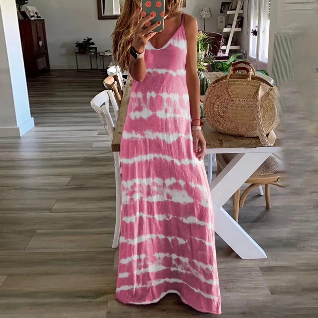 CYSINCOS Women O-Neck Midi Dress Summer Beach Sundress Printed Sleeveless Casual Daliy Boho Long Maxi Dress Vestidos De Verano