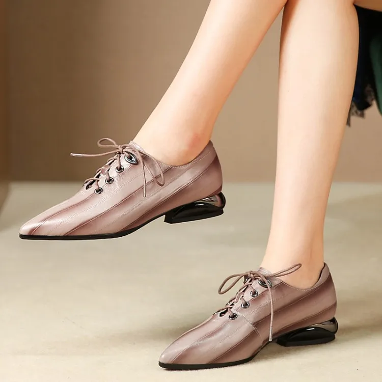 

Women's Pointed-Toe Sheepskin Lace Up Front-Style 2019 Chunky Low Heel Spring And Autumn Lace up Front Pointed-Toe Rubber Sole D
