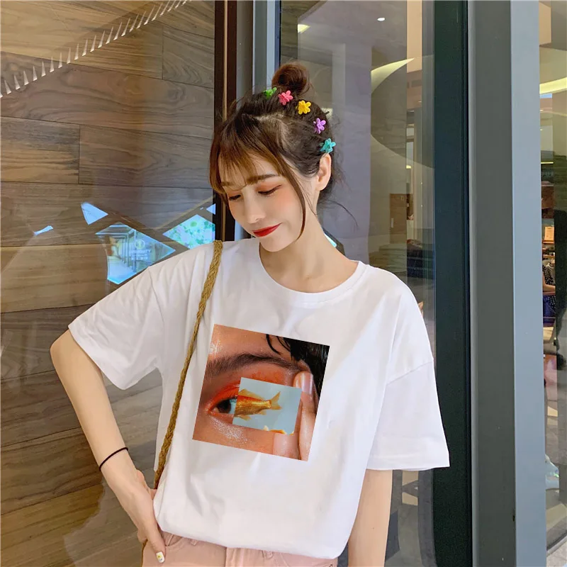 Женская футболка с принтом «рыбьи глаза» в стиле Харадзюку, эстетическая футболка в стиле хип-хоп, модная футболка с графическим рисунком Tumblr и гранж, уличная одежда, топы, футболки, женская одежда