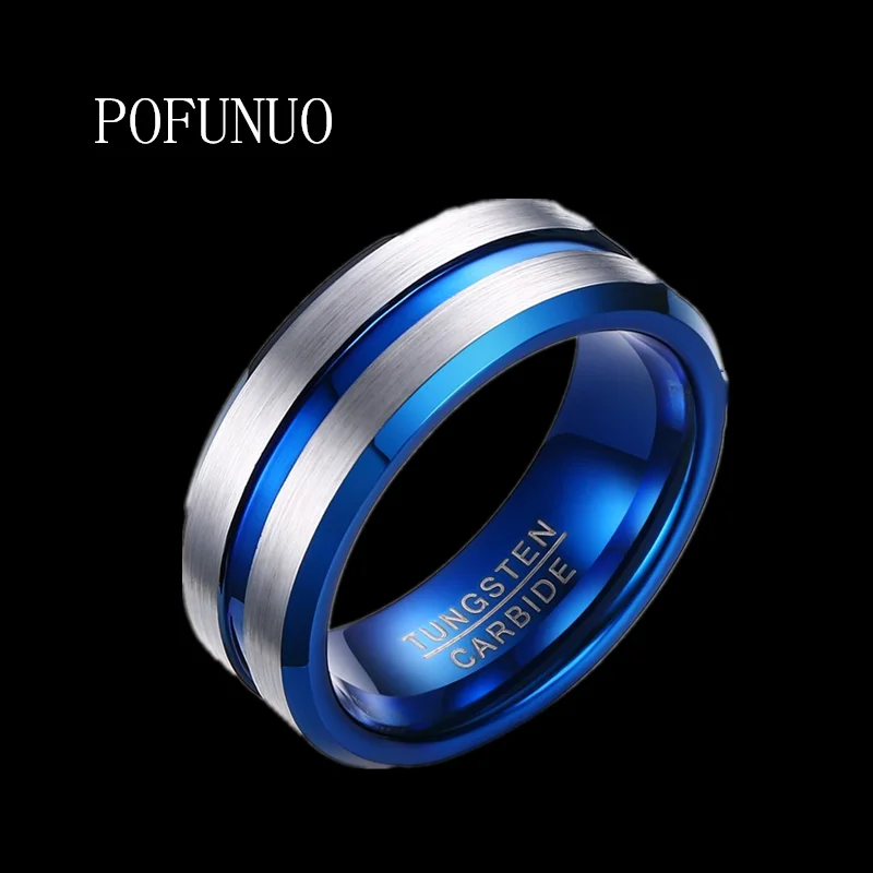 

POFUNUO Jewelry Love Forever Tungsten and blue Aluminum Ring Tungsten Wedding Ring For Men Groove Bridegroom Ring free shipping