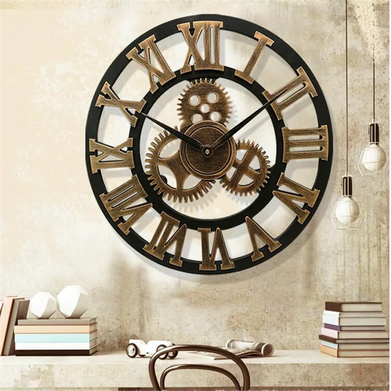 Handmade 3D large vintage quartz wall clock watch decor for living room silent  watch wall clock big gear wooden wanduhr klok (6)