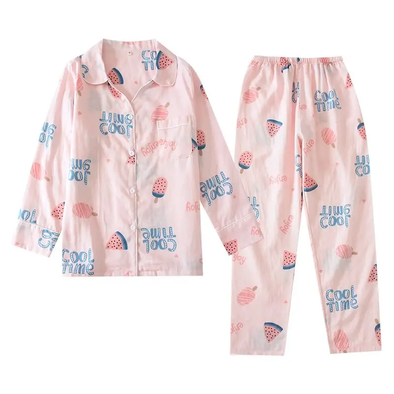 

100% Cotton Pajamas Set Women Sexy Femme Print Cartoon Pyjama Long Sleeve Shirts Pants 2Piece/Set Mom Homewear