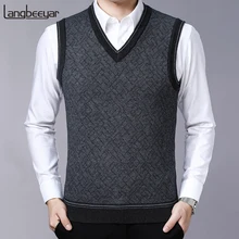 Модные фирменные мужские свитера, пуловеры с v-образным вырезом, облегающие вязаные Джемперы, жилет без рукавов, зимний Корейский стиль, повседневная одежда для мужчин