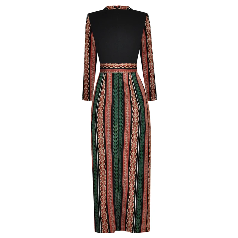 SEQINYY Indie Folk Dress 2020 Autumn Winter New Fashion Design Women Vintage Print Stripes High Quality Sheath Midi Length Split