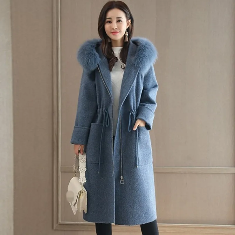 Высококачественное шерстяное женское осеннее пальто Зимняя длинная куртка с меховым воротником и капюшоном Повседневная теплая верхняя одежда на молнии синий/серый Abrigo Mujer - Цвет: blue