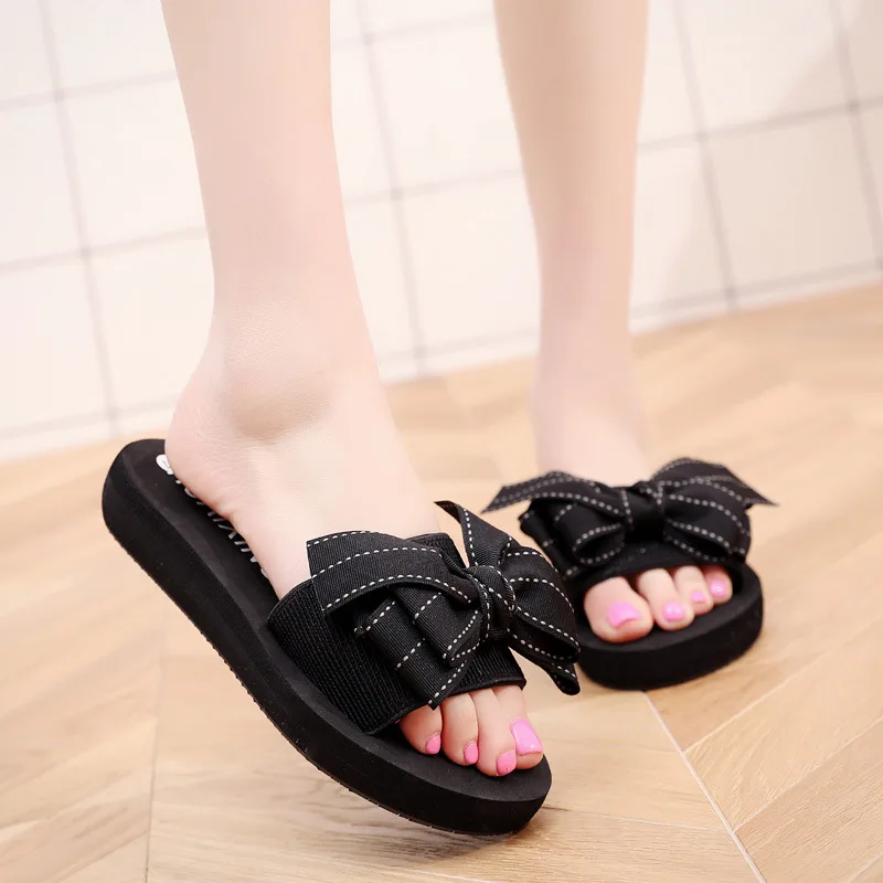 

Flash Jiao 2018 New Style Summer 3 Centimeter Semi-high Heeled Sandals Handmade Sewing Bow Seaside Holiday Sandals
